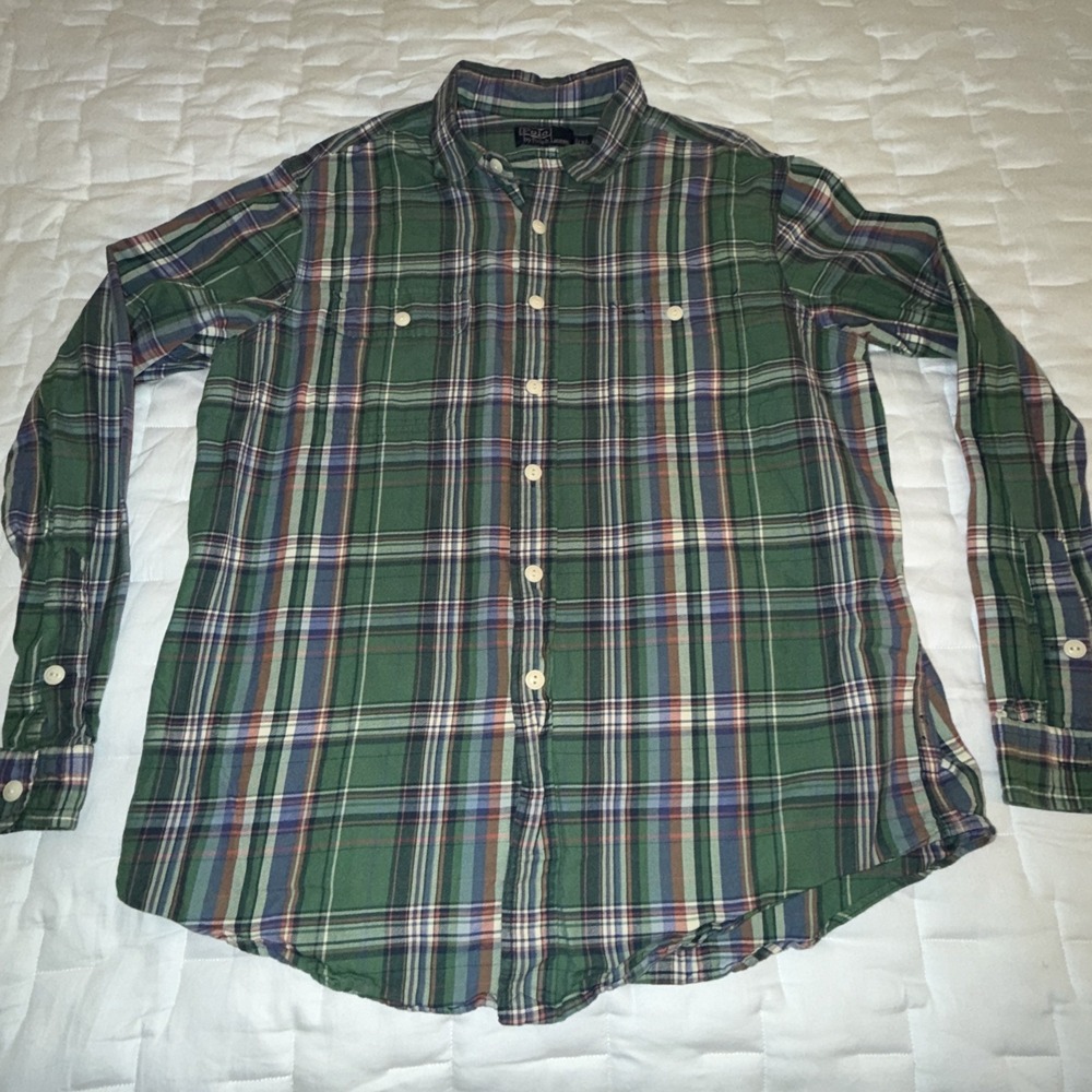 Vtg 90s Y2K Polo Ralph Lauren Green Plaid Button Down Men's Size XL